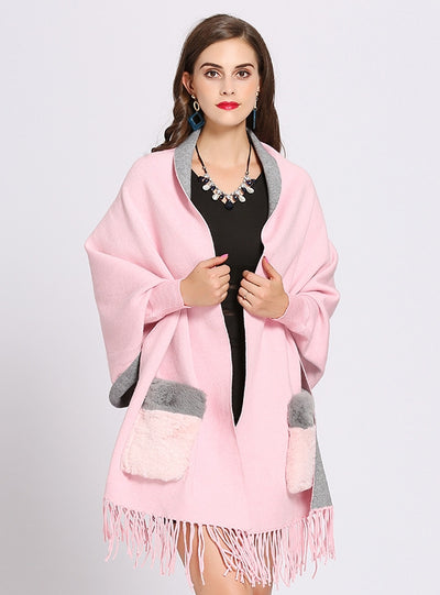 Bat sleeve Double-sided Pocket Fringed Shawl Cloak