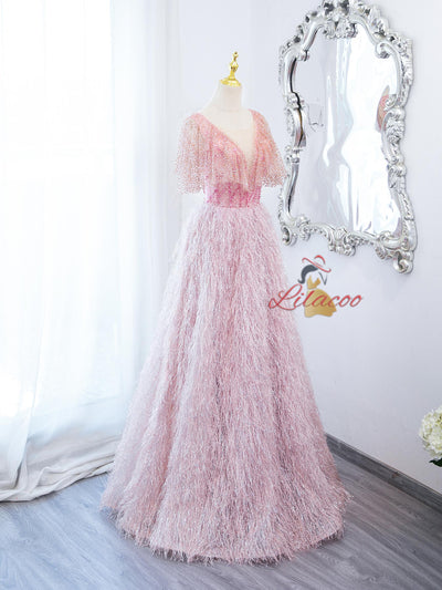 Pink Tassel Sequins Beading Prom Dress