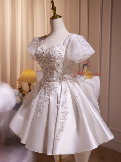 White Satin Puff Sleeve Sequins Beading Wedding Dress