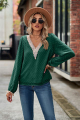 Jacquard Chiffon Long-sleeved Loose V-neck Top
