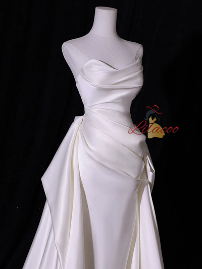 White Mermaid Satin Pleats Strapless Wedding Dress