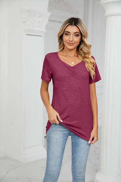 Thin V-neck Pleated Casual T-shirt