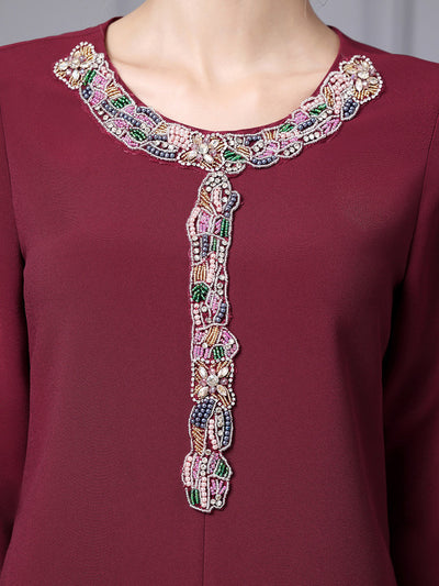 Burgundy Long Sleeve Beading Mother Of The Bride Dress