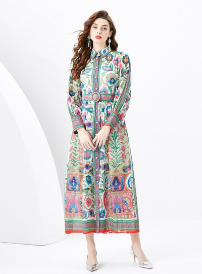 Palace Lapel Lantern Sleeve Long Retro Print Dress