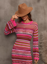 Hollow Stitching Long Rainbow Knit Dress