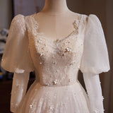 White Lace Long Sleeve Flower Wedding Dress