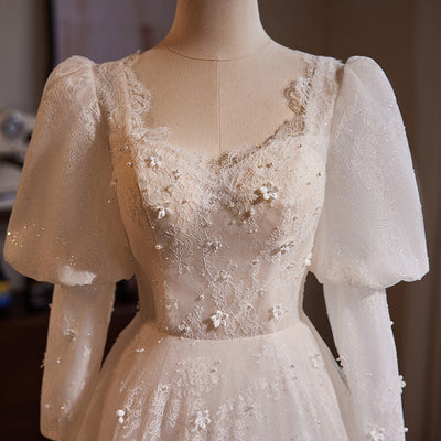 White Lace Long Sleeve Flower Wedding Dress