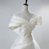 White Satin Off the Shoulder Pleats Wedding Dress