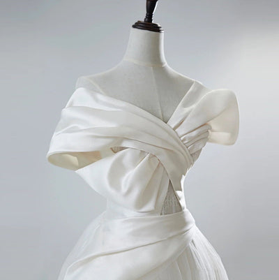White Satin Off the Shoulder Pleats Wedding Dress