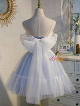 Blue Tulle Pearls Pleats Homecoming Dress