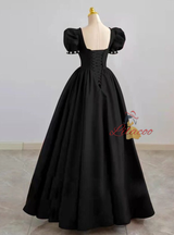 Black Square Neck Puff Sleeve Beading Prom Dress
