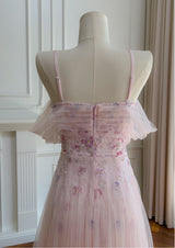 Pink Tulle Sequins Flower Prom Dress