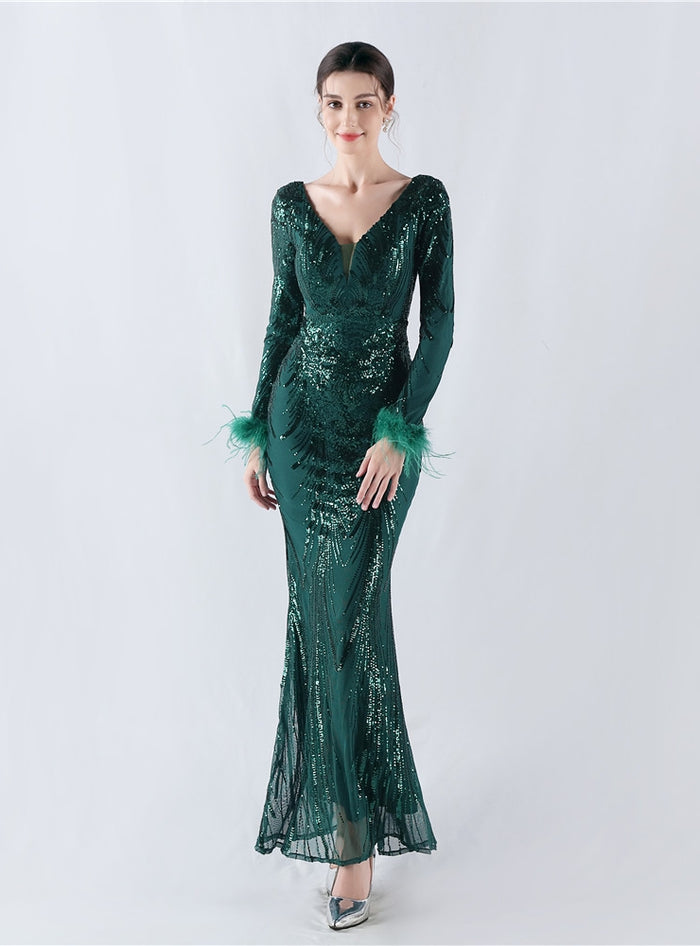 Long Sleeve Mermaid Sequins Prom Dress