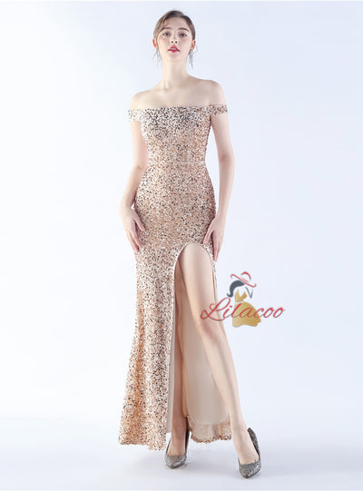 Sequins Off the Shoulder Split Prom Dress