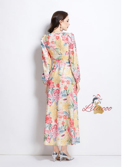 Flower Long Sleeve Retro Long Dress