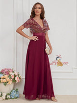 Chiffon Sequins V-neck Short Sleeve Prom Dress