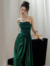 Simple Green Strapless Pleats Prom Dress