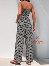 Pleats Printed Strapless Jumpsuit