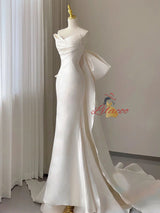 White Satin Strapless Pleats Wedding Dress