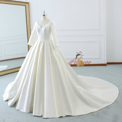 Ivory White Satin Long Sleeve Wedding Dress