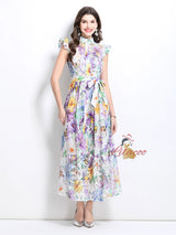 Oil Painting Flower Lace Stitching Long Dress