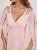 Pink Chiffon V-neck Prom Dress