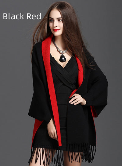 Large Size Fringed Knitted Double Cardigan Shawl