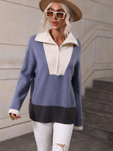 Pullover Color Matching Long Sleeve Zipper Sweater