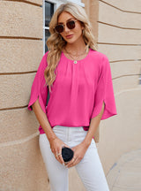 Solid Color Round Neck Short Sleeve Chiffon Shirt