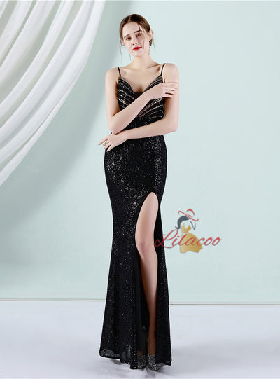 Burgundy Mermaid Sequins Spaghetti Straps Prom Dress