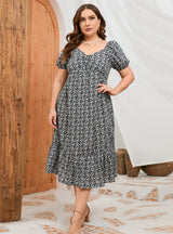 A-line Puff Sleeve Ruffled Print Dress