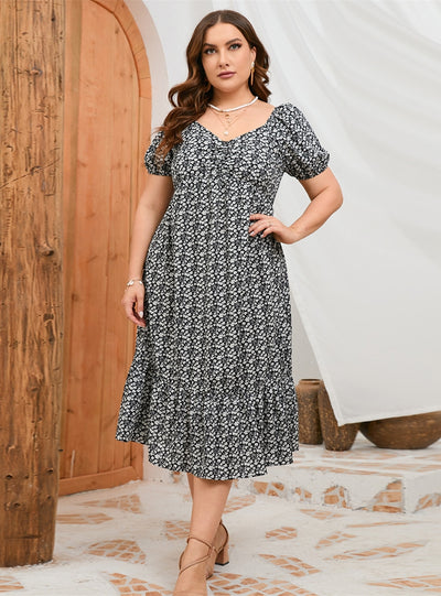 A-line Puff Sleeve Ruffled Print Dress