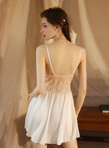 Sexy V Lace Satin Perspective Suspender Nightdress