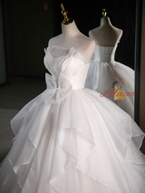 White Tulle Strapless Bow Pleats Wedding Dress