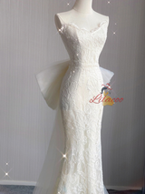 Ivory Mermaid Lace Tulle Bow Wedding Dress