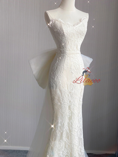 Ivory Mermaid Lace Tulle Bow Wedding Dress
