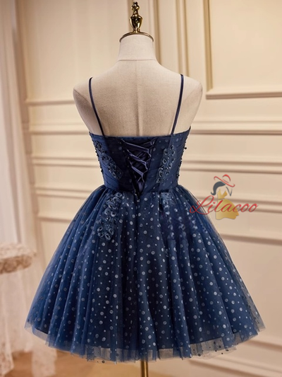 Navy Blue Tulle Beading Homecoming Dress