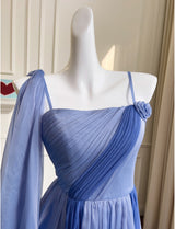 Blue Chiffon Spaghetti Straps Pleats Prom Dress