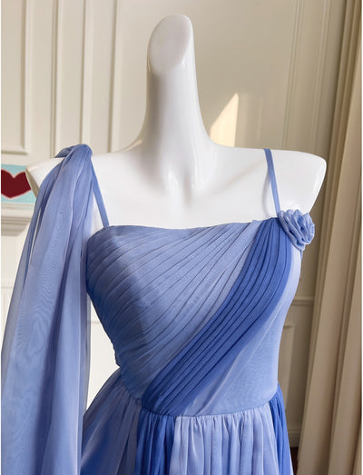 Blue Chiffon Spaghetti Straps Pleats Prom Dress