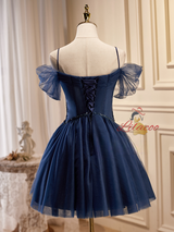 Navy Blue Straps Tulle Pleats Homecoming Dress