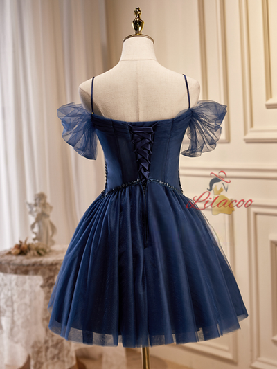 Navy Blue Straps Tulle Pleats Homecoming Dress