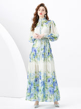 Retro Long-sleeved Slim Breasted Printed Dress