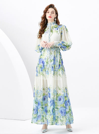 Retro Long-sleeved Slim Breasted Printed Dress