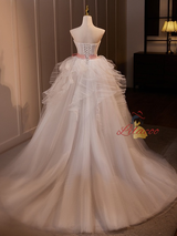 White Tulle Strapless Pleats Wedding Dress