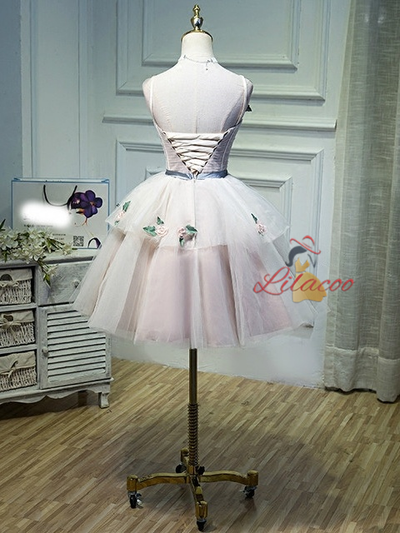 Pink Tulle Straps Appliques Homecoming Dress
