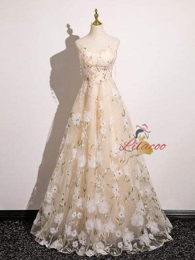 Champagne Tulle Beading Prom Dress