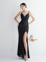 Sequins Spaghetti Straps Backless Beading Prom Dress