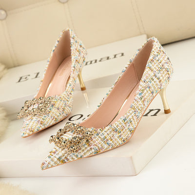Shallow-mouthed Shiny Rhinestone Buckle High Heels