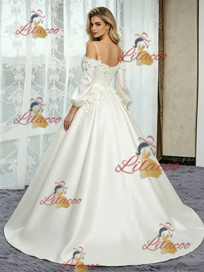 White Satin Short Sleeve Straps Flower Wedding Dress