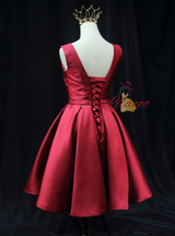 Burgundy Satin Appliques Homecoming Dress